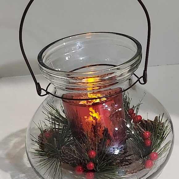 Lantern Style Glass Pine and Red Berry Christmas Candle Holder - Picture 4 of 9
